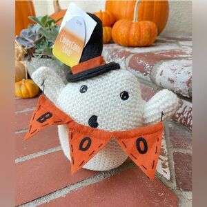 CANDY CORN LANE KNIT CROCHET HALLOWEEN GHOST W/ BOO PENANT SIGN & TOP HAT DECOR